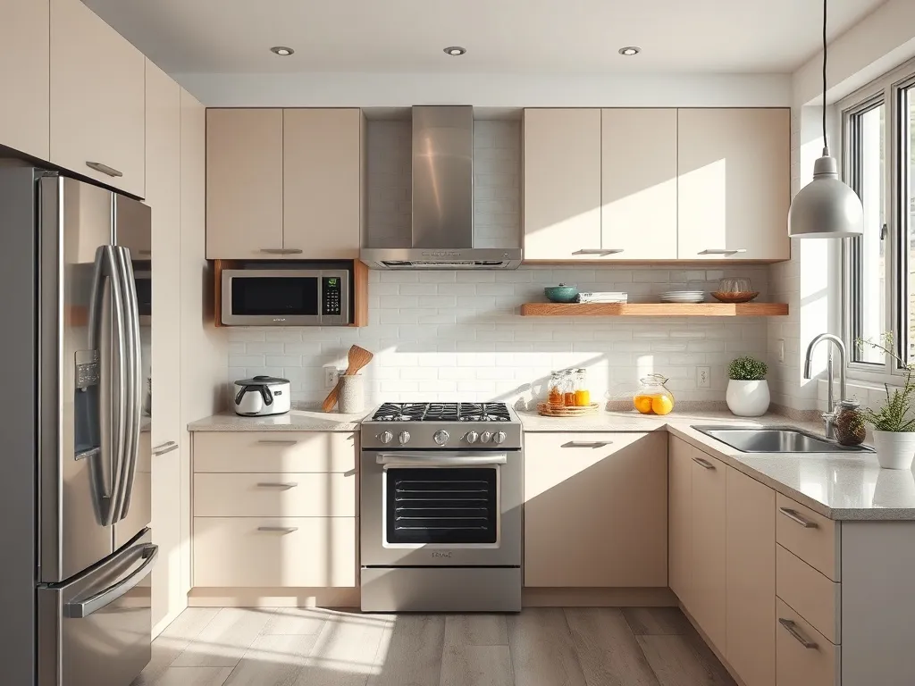 A modern kitchen with high-end stainless steel appliances, f