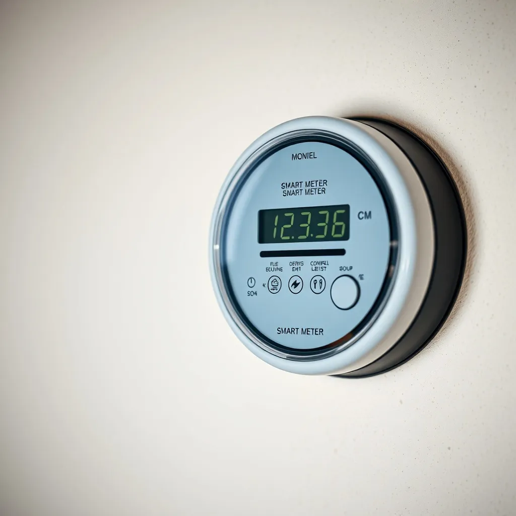 A modern digital electricity smart meter on a wall, close up